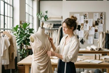 Diseñadora de moda en su taller de patronaje y confección revisando telas elegantes junto a un maniquí con luz natural.