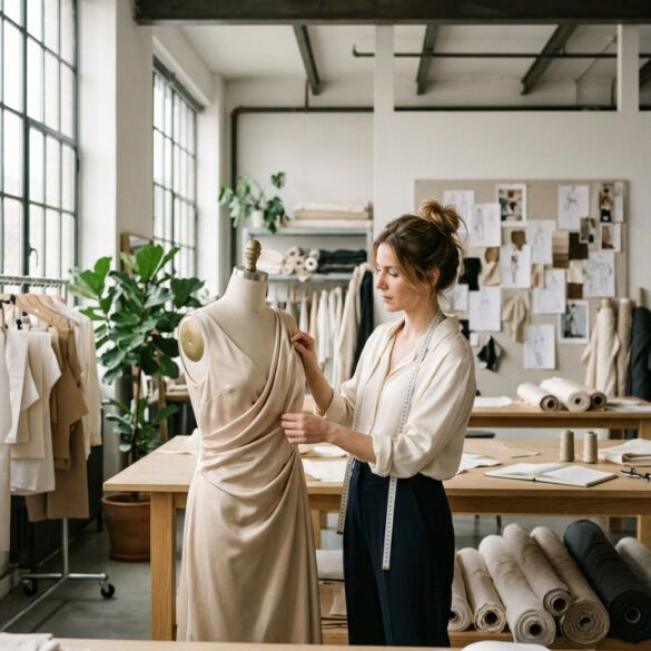 Diseñadora de moda en su taller de patronaje y confección revisando telas elegantes junto a un maniquí con luz natural.