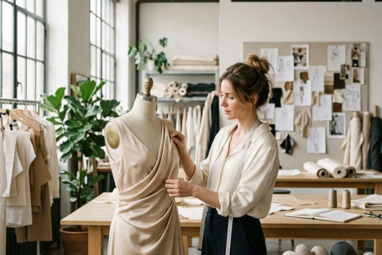 Diseñadora de moda en su taller de patronaje y confección revisando telas elegantes junto a un maniquí con luz natural.