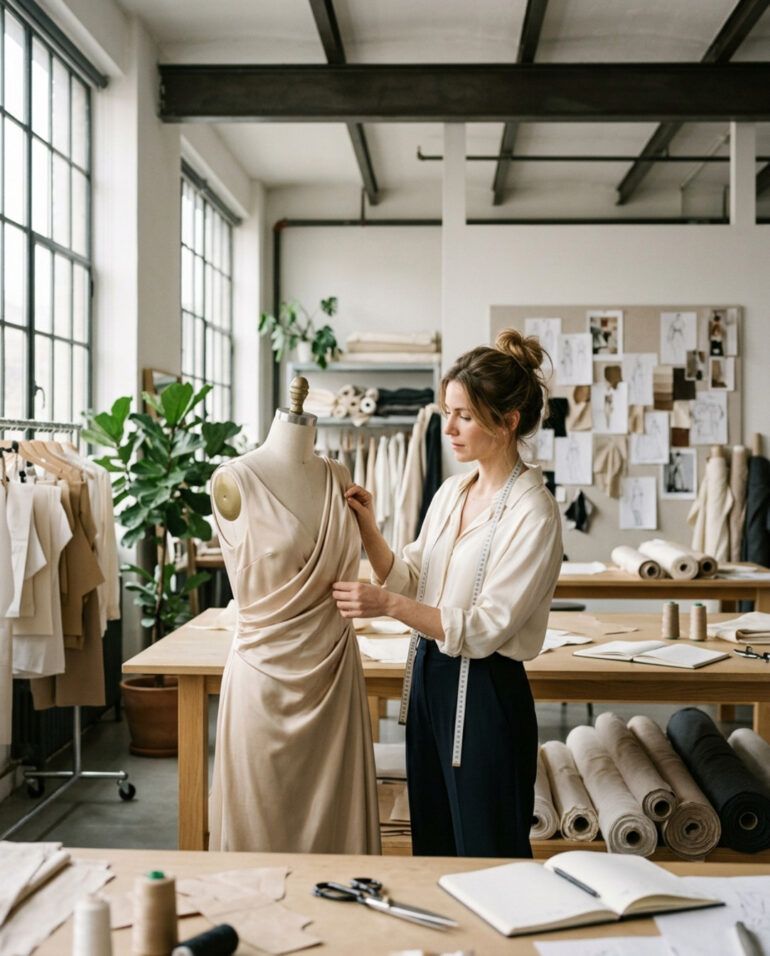 Diseñadora de moda en su taller de patronaje y confección revisando telas elegantes junto a un maniquí con luz natural.