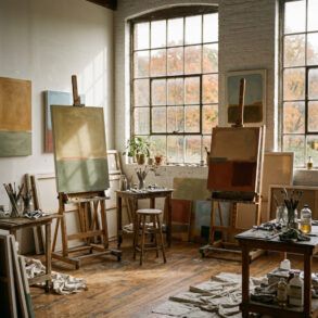 Taller de artista luminoso con grandes lienzos de retratos minimalistas en colores planos y pinceles de óleo.