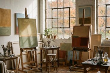 Taller de artista luminoso con grandes lienzos de retratos minimalistas en colores planos y pinceles de óleo.