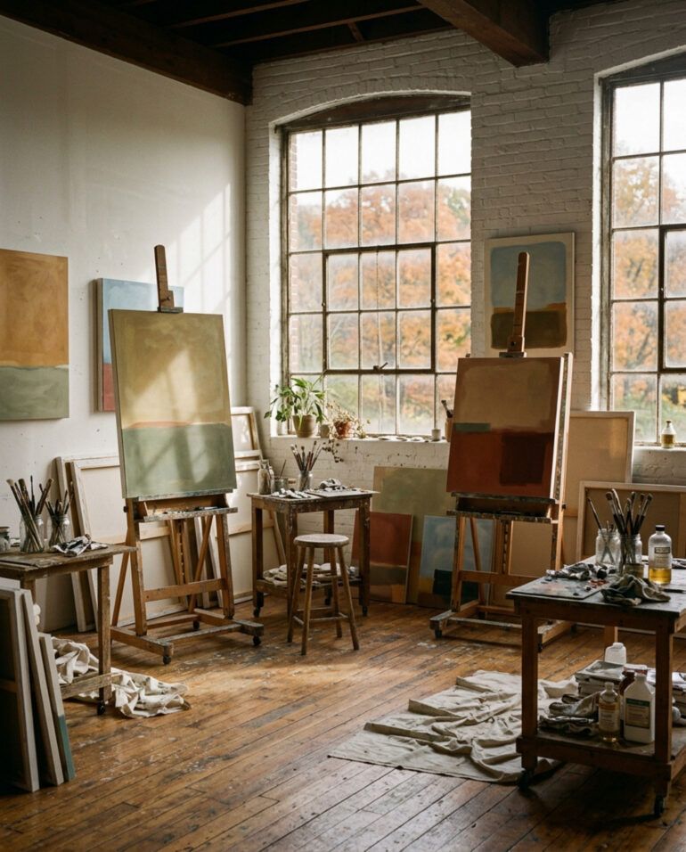 Taller de artista luminoso con grandes lienzos de retratos minimalistas en colores planos y pinceles de óleo.