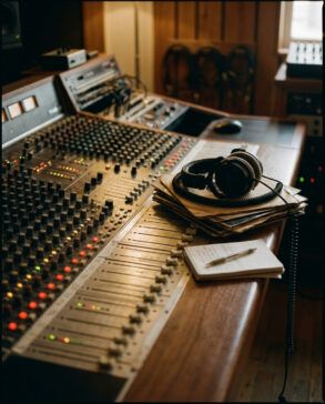 Composición de estudio con auriculares profesionales, mesa de mezclas analógica y notas sobre fondo oscuro.