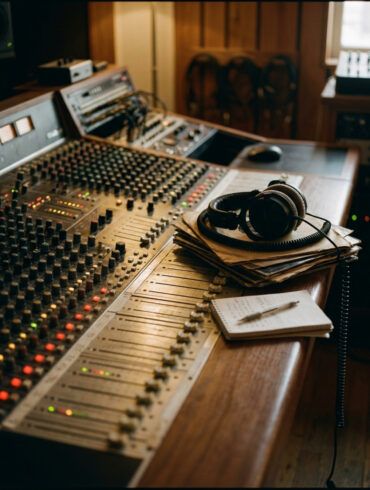 Composición de estudio con auriculares profesionales, mesa de mezclas analógica y notas sobre fondo oscuro.