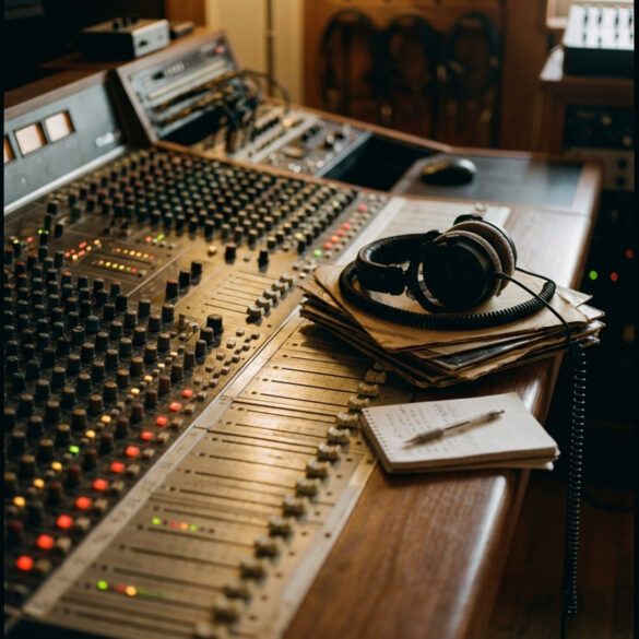 Composición de estudio con auriculares profesionales, mesa de mezclas analógica y notas sobre fondo oscuro.