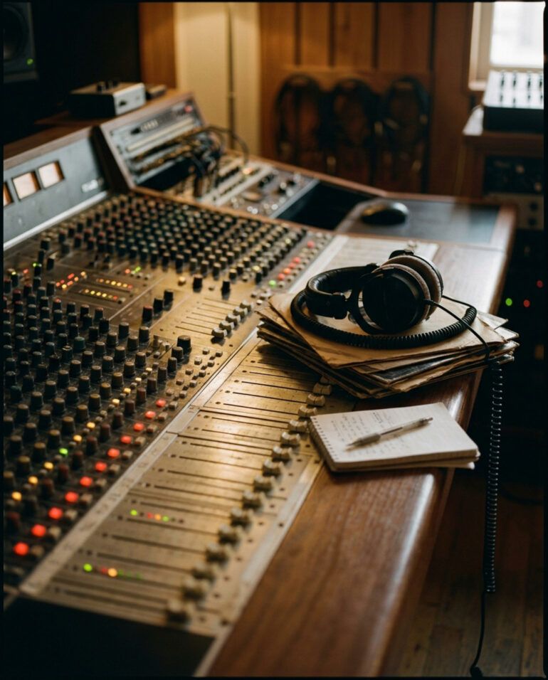 Composición de estudio con auriculares profesionales, mesa de mezclas analógica y notas sobre fondo oscuro.