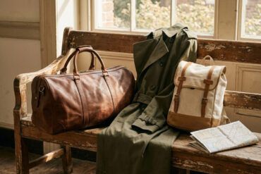 Bolsa de viaje de cuero marrón y abrigo ligero preparados sobre un banco de madera junto a una ventana luminosa