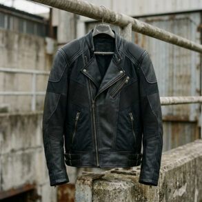 Cazadora moto de cuero negro con paneles técnicos colgada sobre un fondo urbano de hormigón con luz natural.