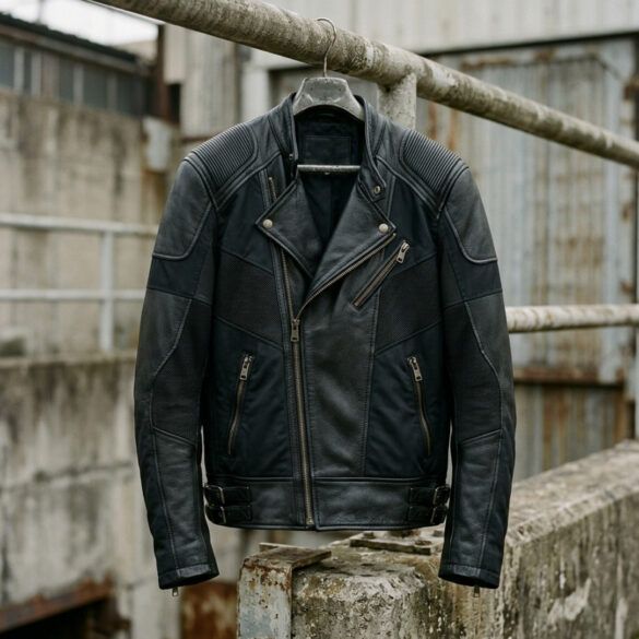 Cazadora moto de cuero negro con paneles técnicos colgada sobre un fondo urbano de hormigón con luz natural.