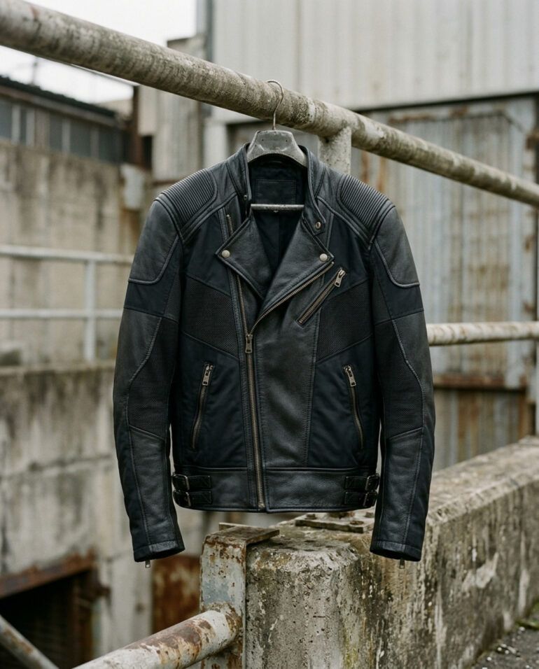 Cazadora moto de cuero negro con paneles técnicos colgada sobre un fondo urbano de hormigón con luz natural.
