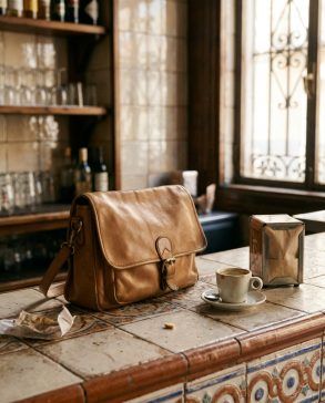 Bolso de piel suave con solapa apoyado sobre la barra de azulejos de un bar tradicional en Madrid.
