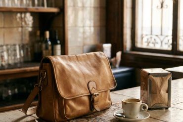 Bolso de piel suave con solapa apoyado sobre la barra de azulejos de un bar tradicional en Madrid.