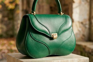 Bolso de mano de piel verde esmeralda con diseño orgánico sobre una superficie neutra elegante de otoño
