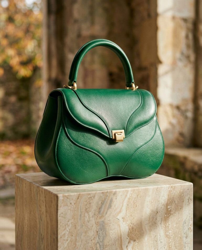 Bolso de mano de piel verde esmeralda con diseño orgánico sobre una superficie neutra elegante de otoño