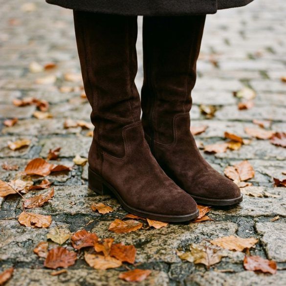Detalle de botas altas de serraje marrón chocolate sobre hojas secas de otoño y pavimento de piedra
