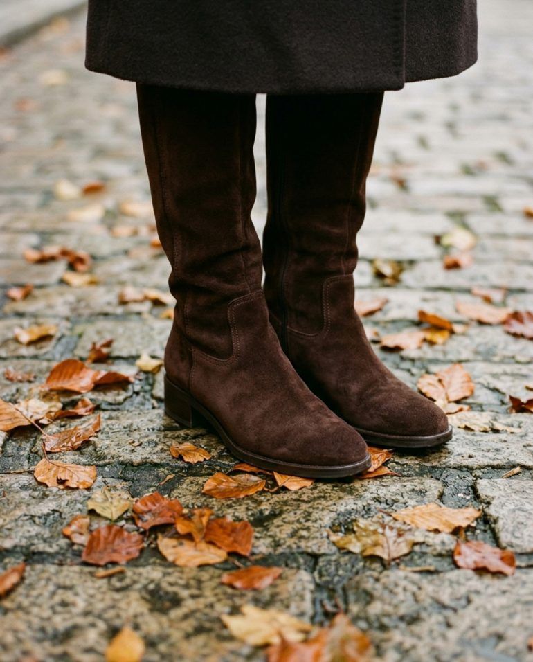 Detalle de botas altas de serraje marrón chocolate sobre hojas secas de otoño y pavimento de piedra