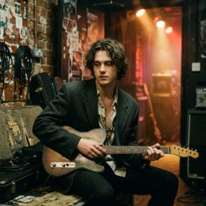 Guitarrista de estilo indie afinando su guitarra eléctrica entre bastidores con luz cálida y estética cinematográfica.