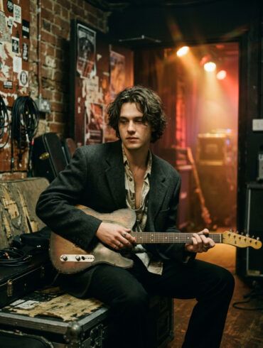 Guitarrista de estilo indie afinando su guitarra eléctrica entre bastidores con luz cálida y estética cinematográfica.