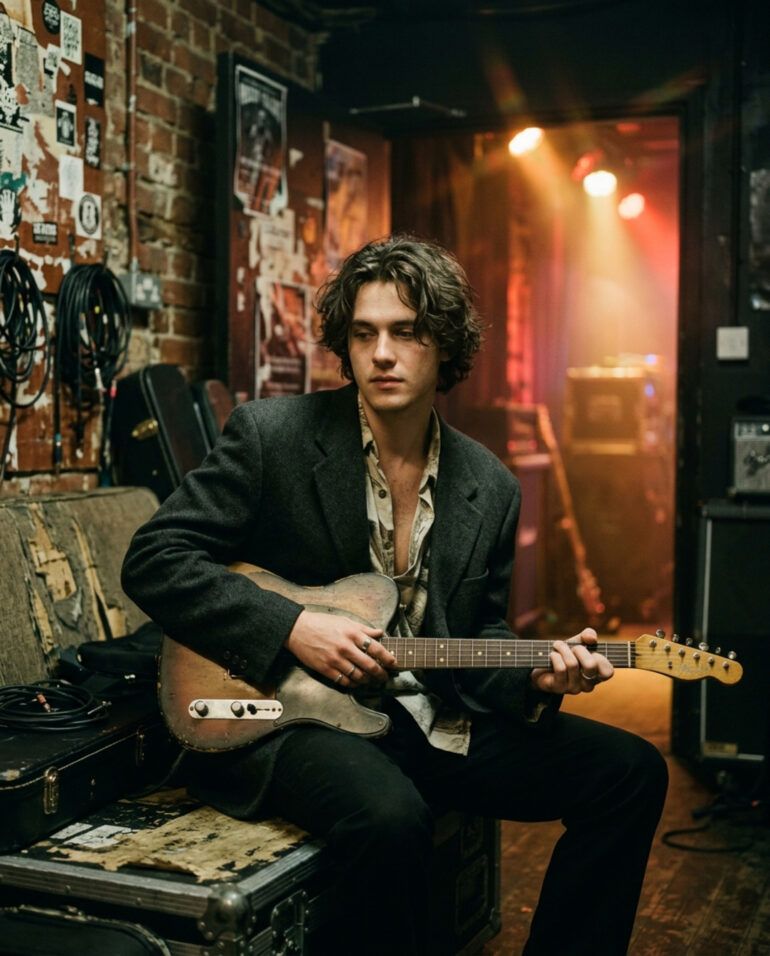 Guitarrista de estilo indie afinando su guitarra eléctrica entre bastidores con luz cálida y estética cinematográfica.