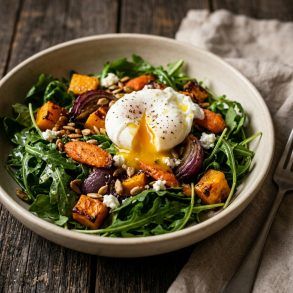 Bol de ensalada verde fresca con ingredientes templados sobre una mesa de madera lista para una cena ligera