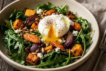 Bol de ensalada verde fresca con ingredientes templados sobre una mesa de madera lista para una cena ligera