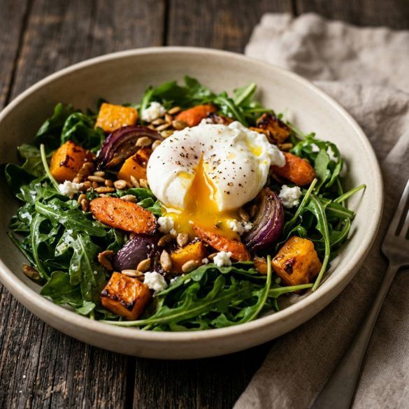 Bol de ensalada verde fresca con ingredientes templados sobre una mesa de madera lista para una cena ligera