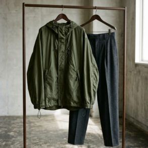 Chaqueta deportiva técnica en tono neutro combinada con pantalón de sastrería de lana