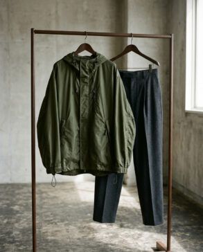 Chaqueta deportiva técnica en tono neutro combinada con pantalón de sastrería de lana