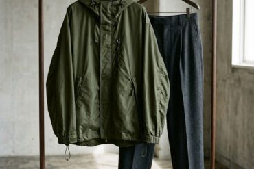 Chaqueta deportiva técnica en tono neutro combinada con pantalón de sastrería de lana