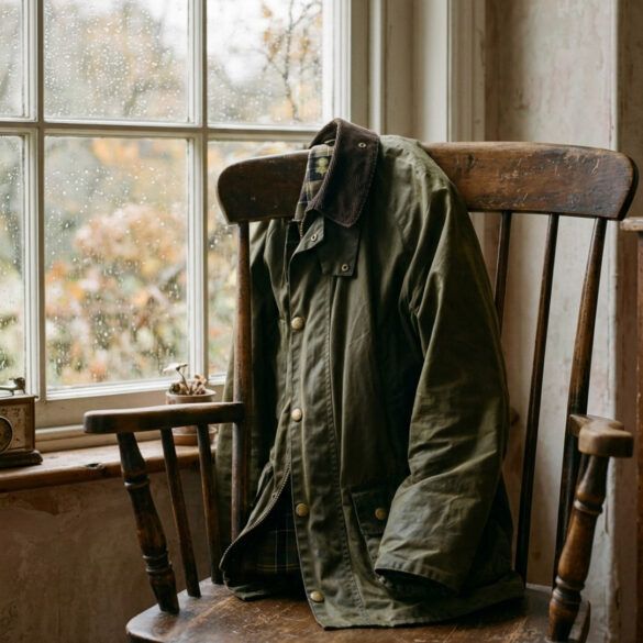 Chaqueta encerada verde oliva con cuello de pana apoyada en una silla de madera junto a una ventana con gotas de lluvia.