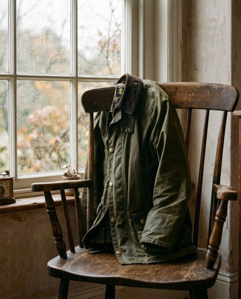 Chaqueta encerada verde oliva con cuello de pana apoyada en una silla de madera junto a una ventana con gotas de lluvia.