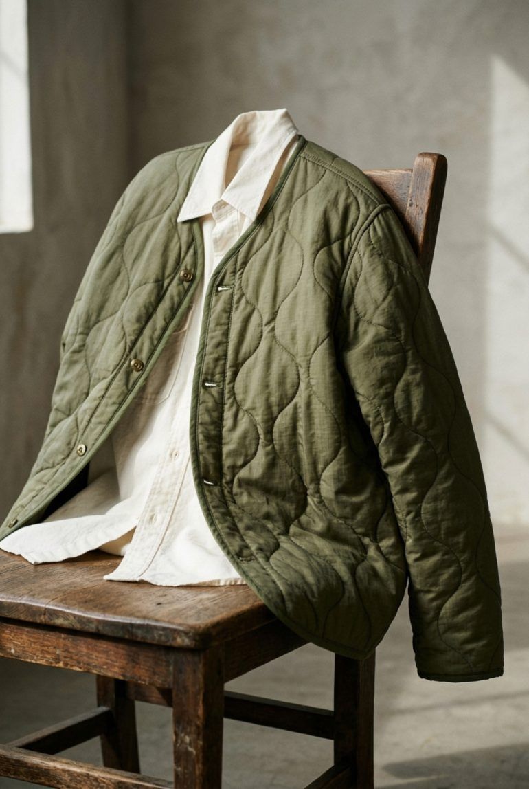 Detalle de una chaqueta liner acolchada en tono verde oliva con botones metálicos y acabado guateado.
