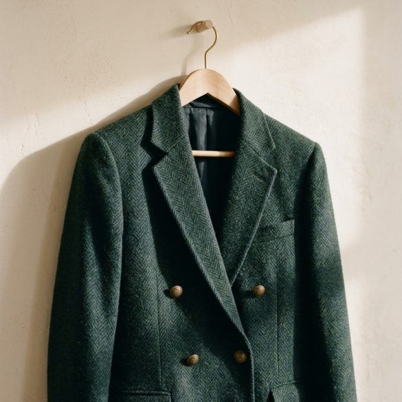 Chaqueta de corte preppy estructurada en lana sobre un perchero de madera con luz natural de otoño.