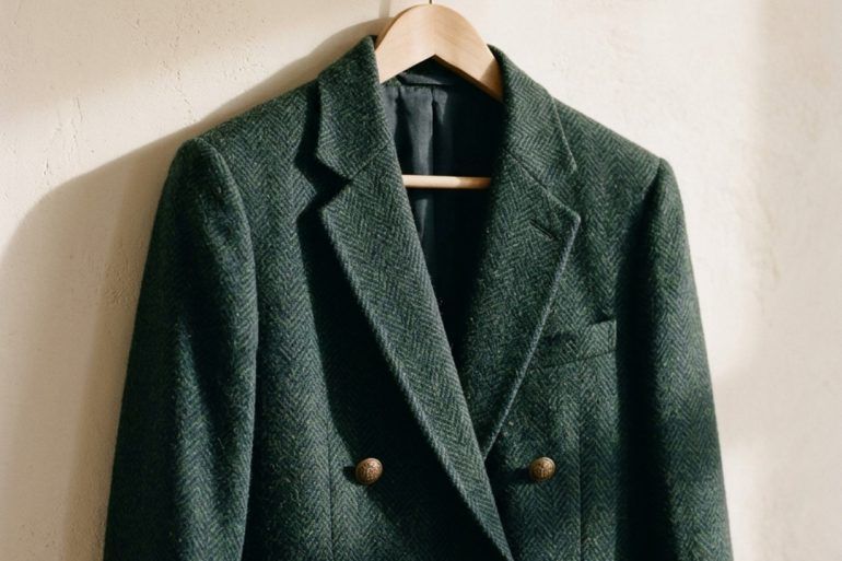 Chaqueta de corte preppy estructurada en lana sobre un perchero de madera con luz natural de otoño.