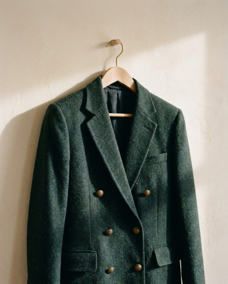 Chaqueta de corte preppy estructurada en lana sobre un perchero de madera con luz natural de otoño.