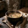 Cazuela de barro con alubias blancas cocinándose a fuego lento sobre una mesa de madera rústica de cocina.