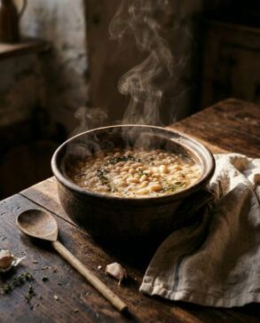 Cazuela de barro con alubias blancas cocinándose a fuego lento sobre una mesa de madera rústica de cocina.