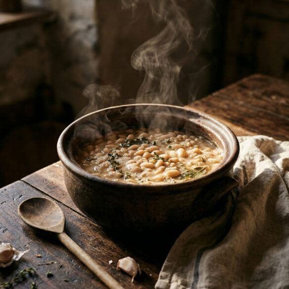 Cazuela de barro con alubias blancas cocinándose a fuego lento sobre una mesa de madera rústica de cocina.
