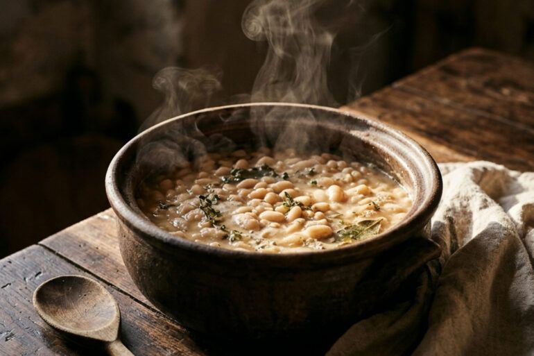 Cazuela de barro con alubias blancas cocinándose a fuego lento sobre una mesa de madera rústica de cocina.