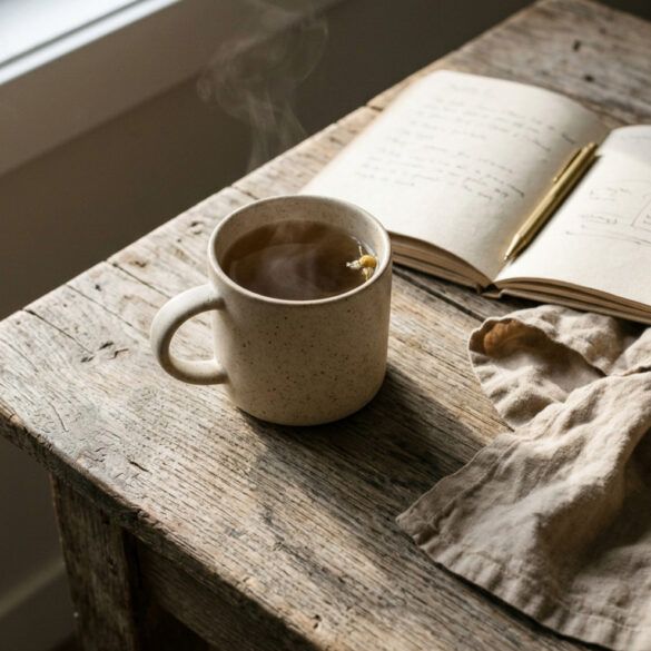 Mesa de madera con una taza de cerámica, libreta de notas y servilleta de lino bajo luz natural matinal