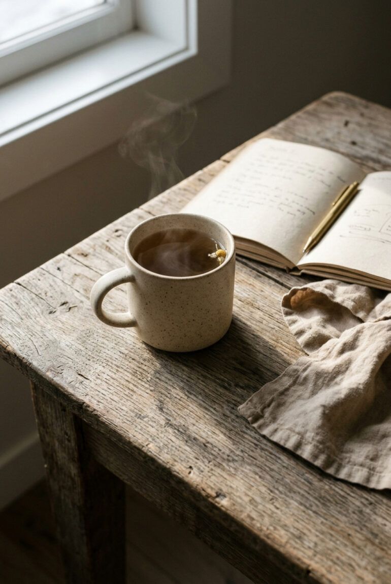 Mesa de madera con una taza de cerámica, libreta de notas y servilleta de lino bajo luz natural matinal