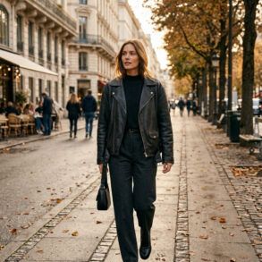 Mujer vestida con estilo luciendo una chaqueta de cuero negra sobre pantalones de sastrería en la ciudad
