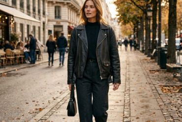 Mujer vestida con estilo luciendo una chaqueta de cuero negra sobre pantalones de sastrería en la ciudad
