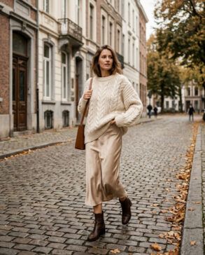 Mujer vistiendo falda satinada midi combinada con jersey de punto beige y botines en la calle