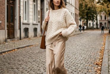 Mujer vistiendo falda satinada midi combinada con jersey de punto beige y botines en la calle