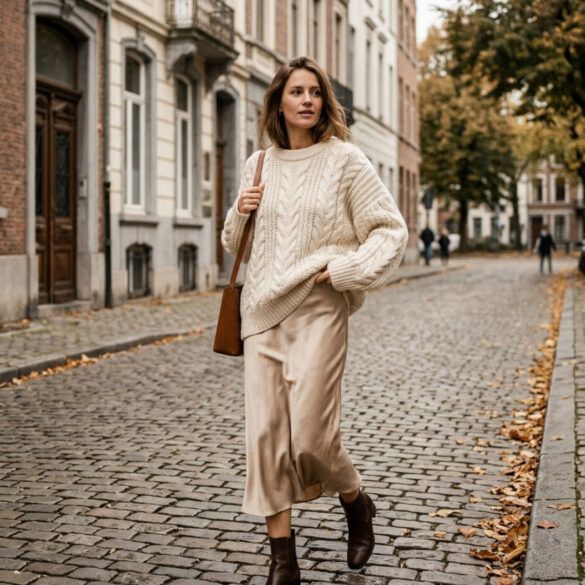 Mujer vistiendo falda satinada midi combinada con jersey de punto beige y botines en la calle