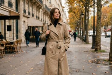 Mujer vestida con gabardina beige clásica y vaqueros rectos paseando por la ciudad