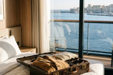 Maleta abierta sobre una cama elegante con prendas de invierno y vistas a un puerto mediterráneo en calma.