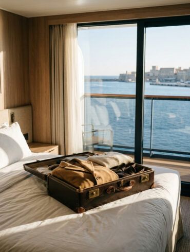 Maleta abierta sobre una cama elegante con prendas de invierno y vistas a un puerto mediterráneo en calma.